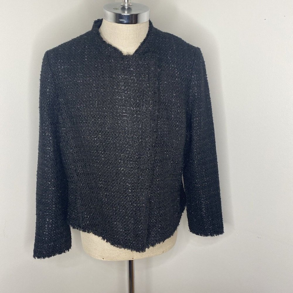 Ann Taylor Black Sparkley Blazer Sz 16 T Jacket Zipper Front Fringe Trim Evening